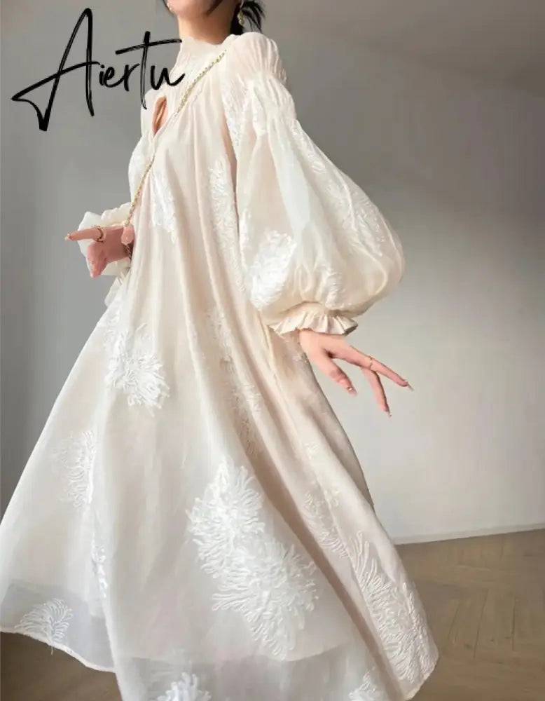 Aiertu Vintage Elegant Embroidery Evening Party Midi Dress France Lantern Sleeve Lace Up Vestidos Autumn New Women Korean Prom Clothes Aiertu