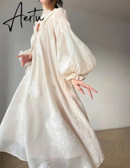 Aiertu Vintage Elegant Embroidery Evening Party Midi Dress France Lantern Sleeve Lace Up Vestidos Autumn New Women Korean Prom Clothes Aiertu
