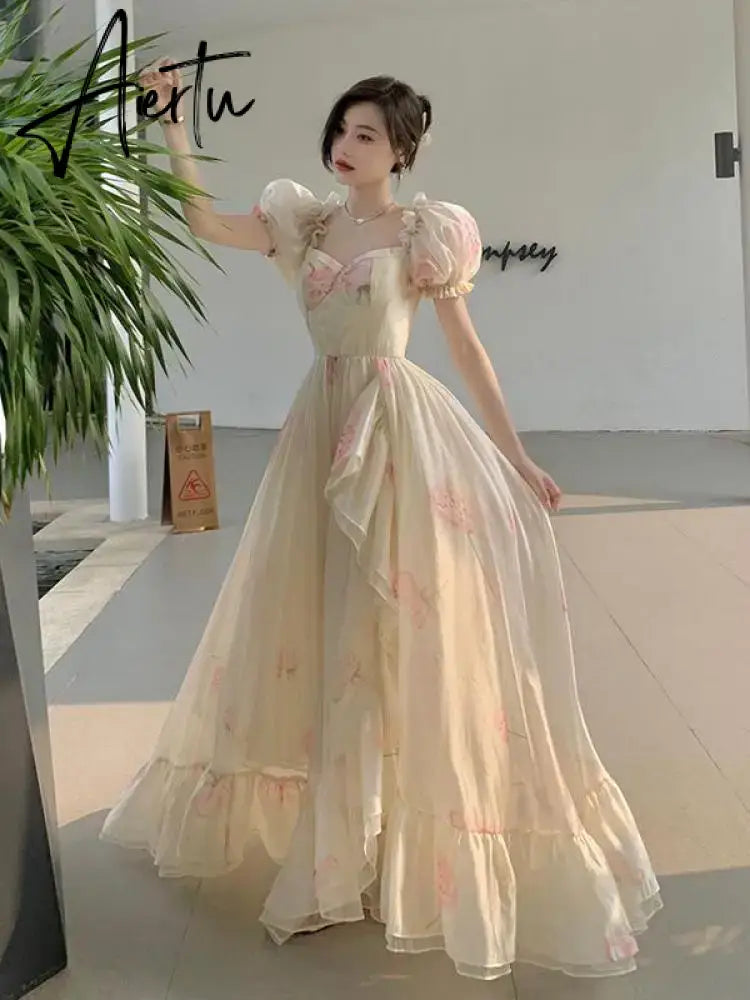 Aiertu Vintage French Elegant Floral Ruffles Party Dresses Women Fashion Puff Sleeve Birthday A Line Princess Long Dress Sweet Vestidos Aiertu
