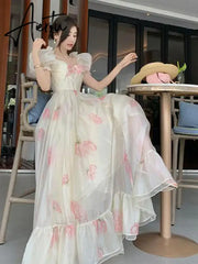Aiertu Vintage French Elegant Floral Ruffles Party Dresses Women Fashion Puff Sleeve Birthday A Line Princess Long Dress Sweet Vestidos Aiertu