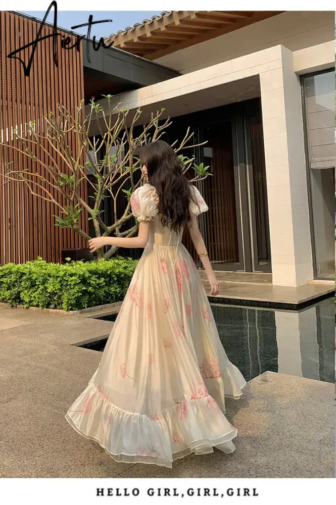 Aiertu Vintage French Elegant Floral Ruffles Party Dresses Women Fashion Puff Sleeve Birthday A Line Princess Long Dress Sweet Vestidos Aiertu