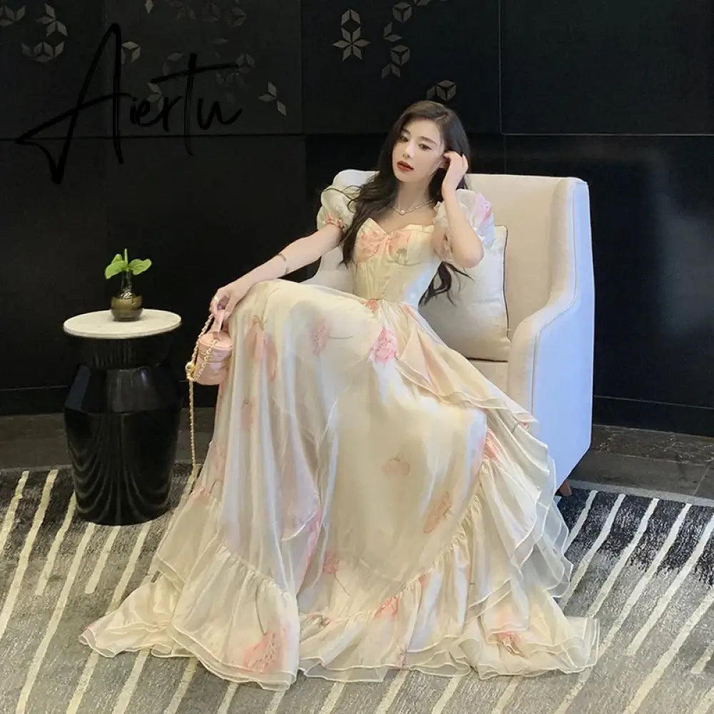 Aiertu Vintage French Elegant Floral Ruffles Party Dresses Women Fashion Puff Sleeve Birthday A Line Princess Long Dress Sweet Vestidos Aiertu