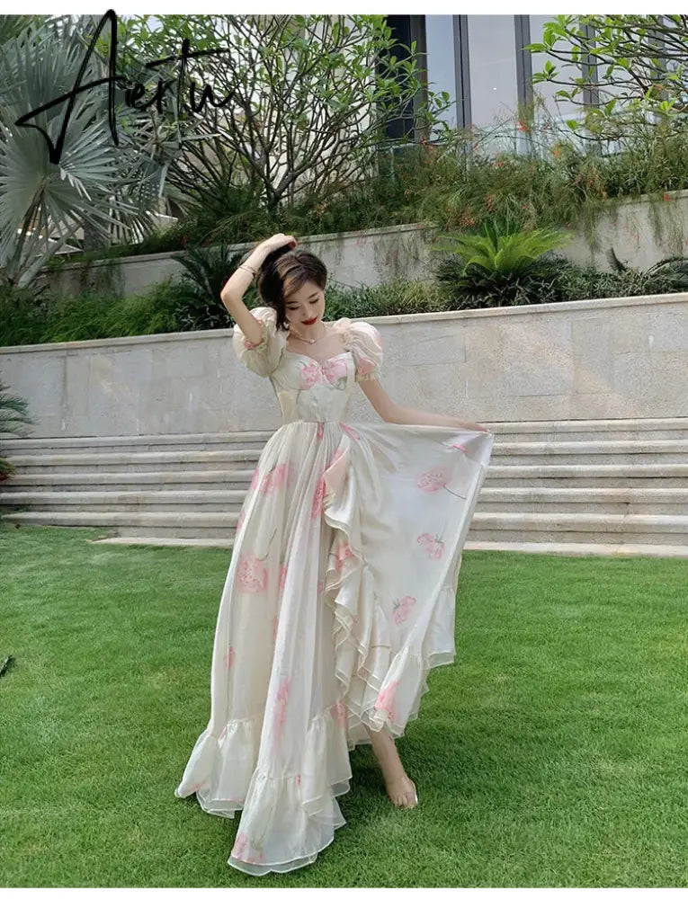 Aiertu Vintage French Elegant Floral Ruffles Party Dresses Women Fashion Puff Sleeve Birthday A Line Princess Long Dress Sweet Vestidos Aiertu