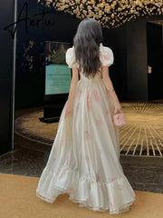 Aiertu Vintage French Elegant Floral Ruffles Party Dresses Women Fashion Puff Sleeve Birthday A Line Princess Long Dress Sweet Vestidos Aiertu