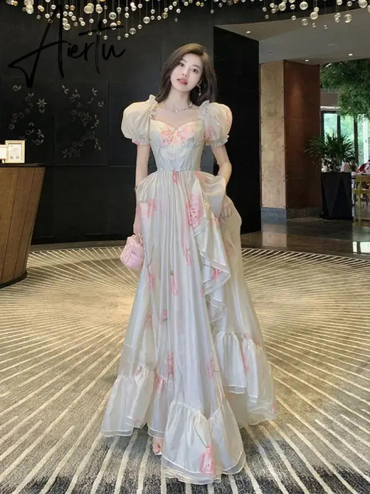 Aiertu Vintage French Elegant Floral Ruffles Party Dresses Women Fashion Puff Sleeve Birthday A Line Princess Long Dress Sweet Vestidos Aiertu