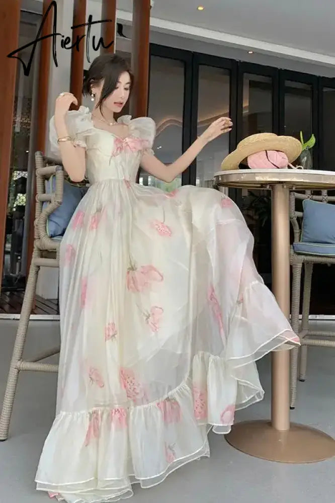 Aiertu Vintage French Elegant Floral Ruffles Party Dresses Women Fashion Puff Sleeve Birthday A Line Princess Long Dress Sweet Vestidos Aiertu