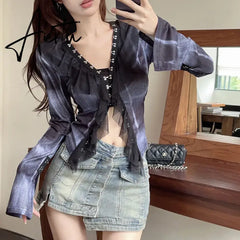 Aiertu Vintage Gothic Y2k Gauze Ruffle Cardigans Long Sleeve Goth Dark Fairy Grunge Women Blouses Streetwear Single-breasted Crop Tops Aiertu