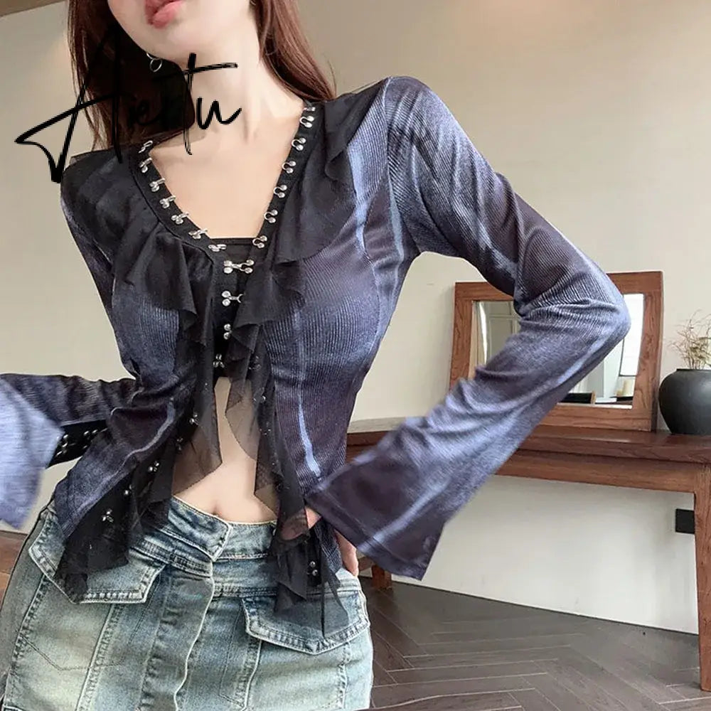 Aiertu Vintage Gothic Y2k Gauze Ruffle Cardigans Long Sleeve Goth Dark Fairy Grunge Women Blouses Streetwear Single-breasted Crop Tops Aiertu
