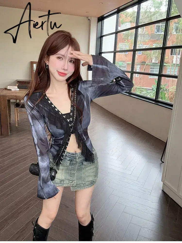 Aiertu Vintage Gothic Y2k Gauze Ruffle Cardigans Long Sleeve Goth Dark Fairy Grunge Women Blouses Streetwear Single-breasted Crop Tops Aiertu
