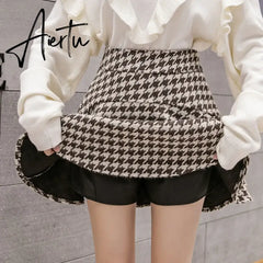 Aiertu Vintage Houndstooth Tweed Mini Skirt Womens High Waist Textured Woolen Short Skirt Autumn Winter Ladies Elegant Office Bottoms Aiertu