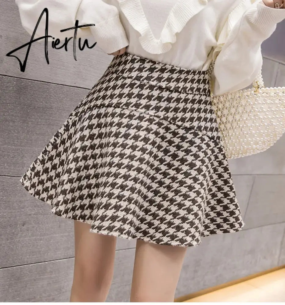 Aiertu Vintage Houndstooth Tweed Mini Skirt Womens High Waist Textured Woolen Short Skirt Autumn Winter Ladies Elegant Office Bottoms Aiertu