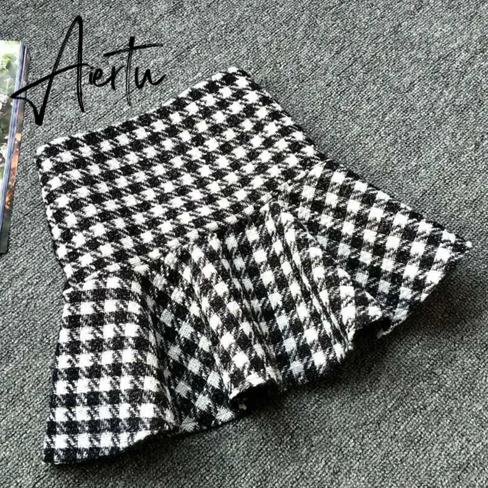 Aiertu Vintage Houndstooth Tweed Mini Skirt Womens High Waist Textured Woolen Short Skirt Autumn Winter Ladies Elegant Office Bottoms Aiertu