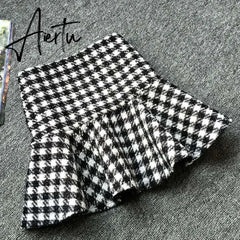 Aiertu Vintage Houndstooth Tweed Mini Skirt Womens High Waist Textured Woolen Short Skirt Autumn Winter Ladies Elegant Office Bottoms Aiertu