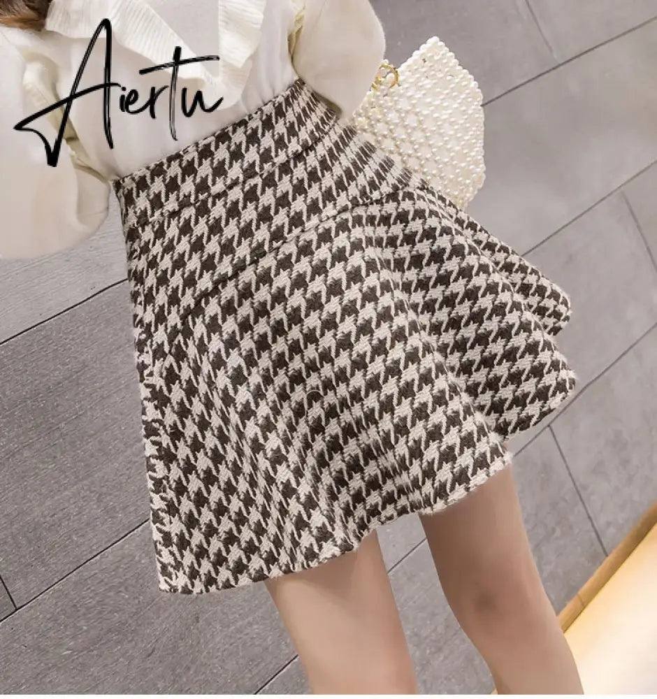 Aiertu Vintage Houndstooth Tweed Mini Skirt Womens High Waist Textured Woolen Short Skirt Autumn Winter Ladies Elegant Office Bottoms Aiertu