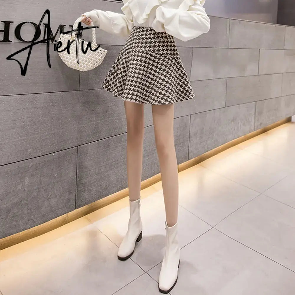 Aiertu Vintage Houndstooth Tweed Mini Skirt Womens High Waist Textured Woolen Short Skirt Autumn Winter Ladies Elegant Office Bottoms Aiertu