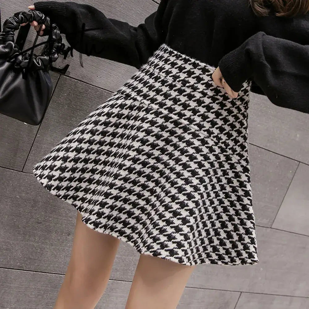 Aiertu Vintage Houndstooth Tweed Mini Skirt Womens High Waist Textured Woolen Short Skirt Autumn Winter Ladies Elegant Office Bottoms Aiertu