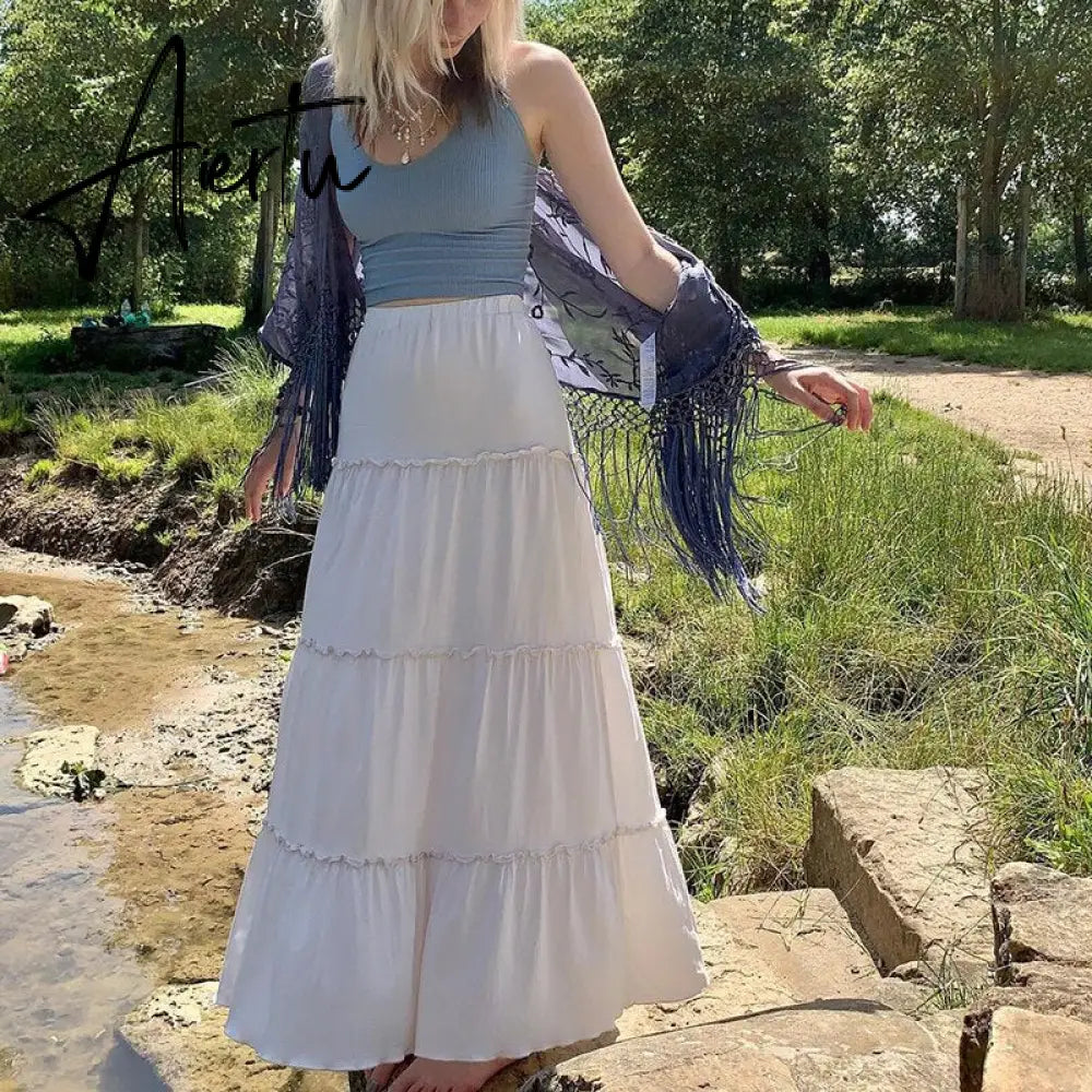 Aiertu Vintage Lace Up Bow Floral Long Skirts Green Y2k High-Waisted Loose Mid-Calf Pleated Skirt Harajuku Grunge Fairy Women Clothing Aiertu