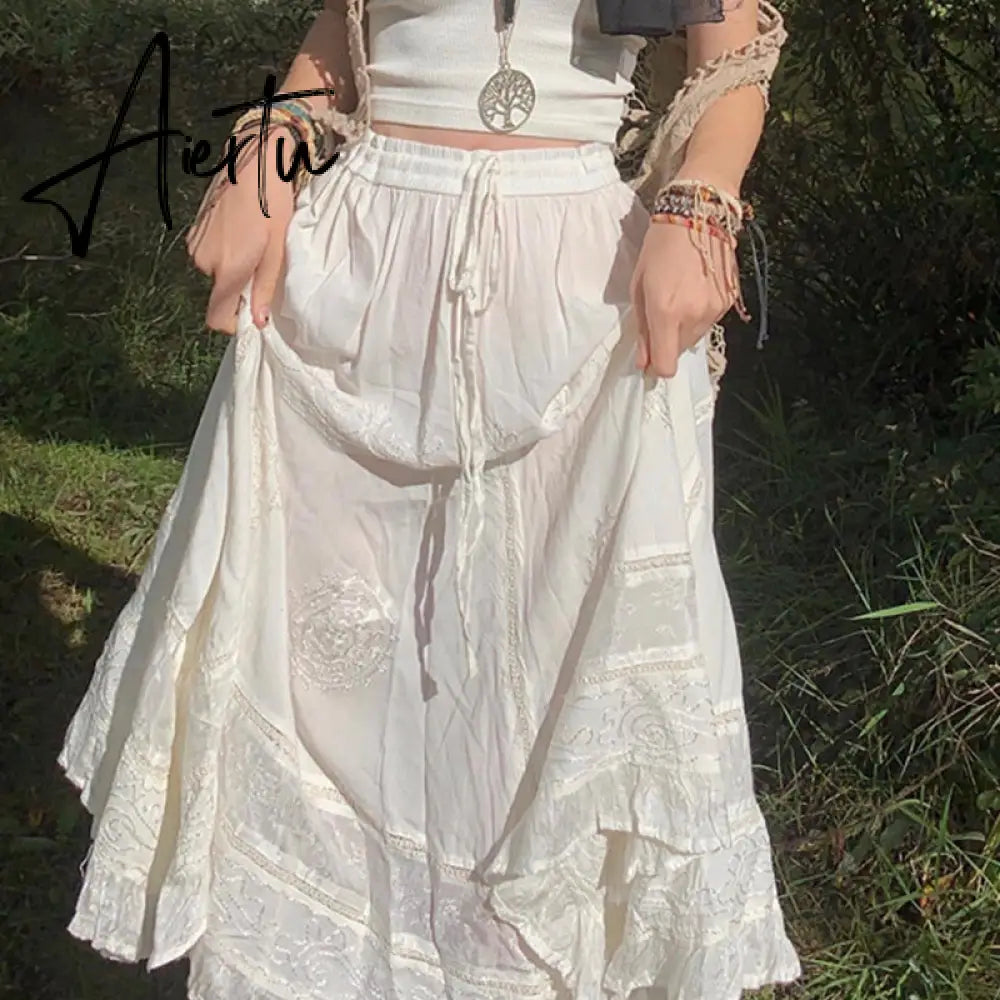 Aiertu Vintage Lace Up Bow Floral Long Skirts Green Y2k High-Waisted Loose Mid-Calf Pleated Skirt Harajuku Grunge Fairy Women Clothing Aiertu