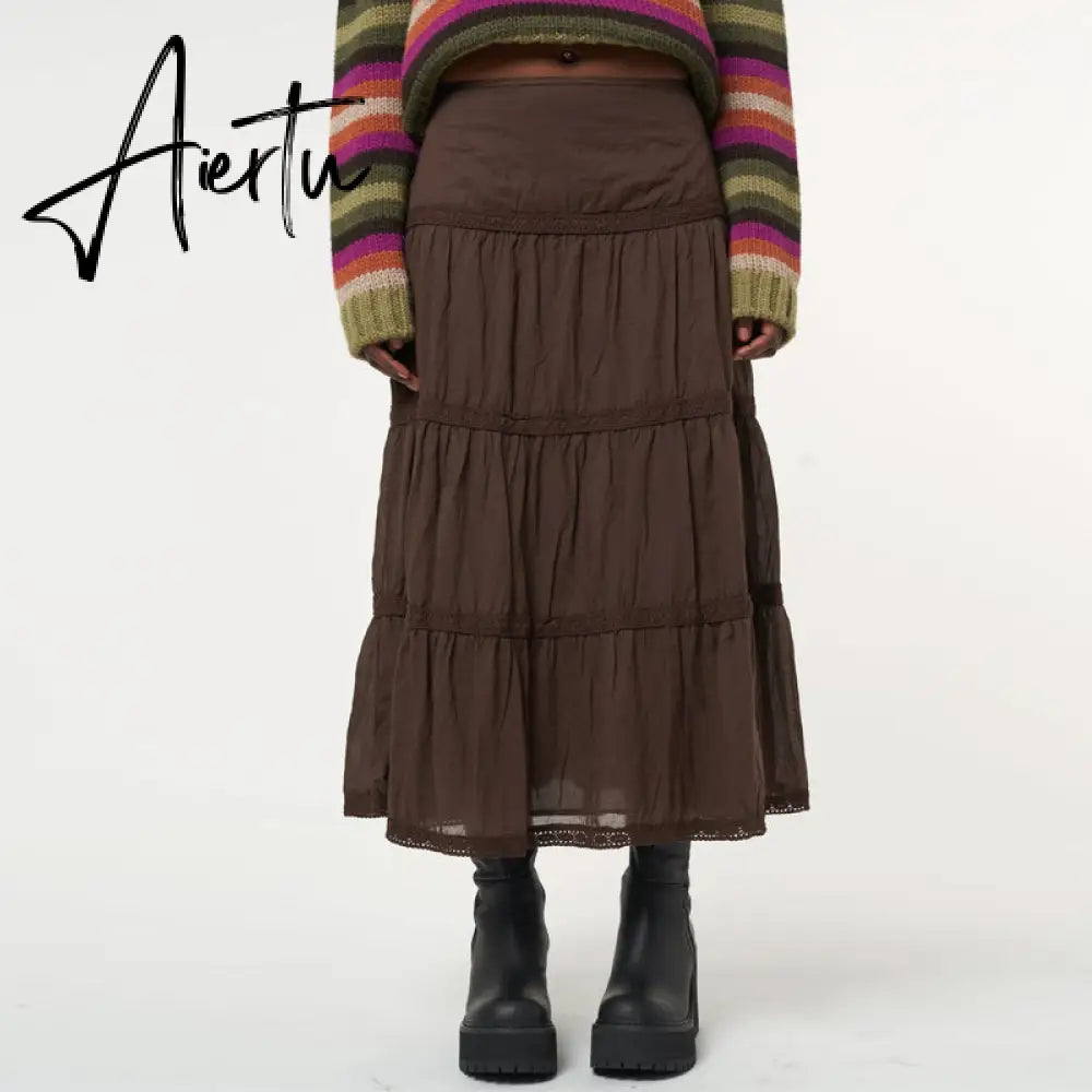 Aiertu Vintage Lace Up Bow Floral Long Skirts Green Y2k High-Waisted Loose Mid-Calf Pleated Skirt Harajuku Grunge Fairy Women Clothing Aiertu