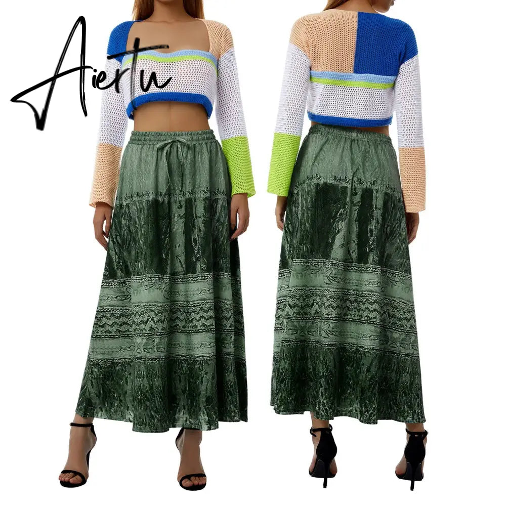 Aiertu Vintage Lace Up Bow Floral Long Skirts Green Y2k High-Waisted Loose Mid-Calf Pleated Skirt Harajuku Grunge Fairy Women Clothing Aiertu