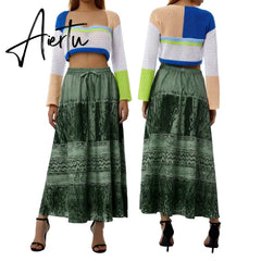 Aiertu Vintage Lace Up Bow Floral Long Skirts Green Y2k High-Waisted Loose Mid-Calf Pleated Skirt Harajuku Grunge Fairy Women Clothing Aiertu