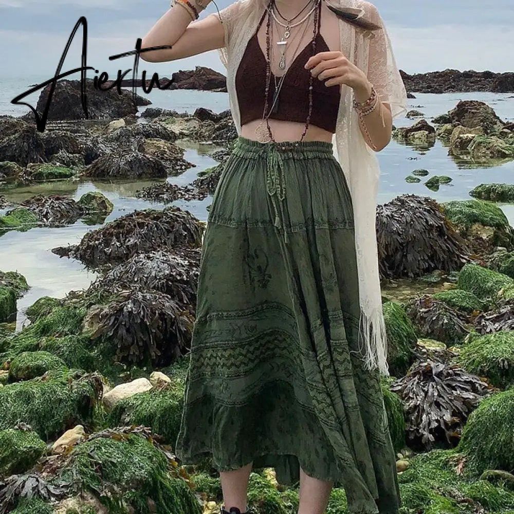 Aiertu Vintage Lace Up Bow Floral Long Skirts Green Y2k High-Waisted Loose Mid-Calf Pleated Skirt Harajuku Grunge Fairy Women Clothing Aiertu