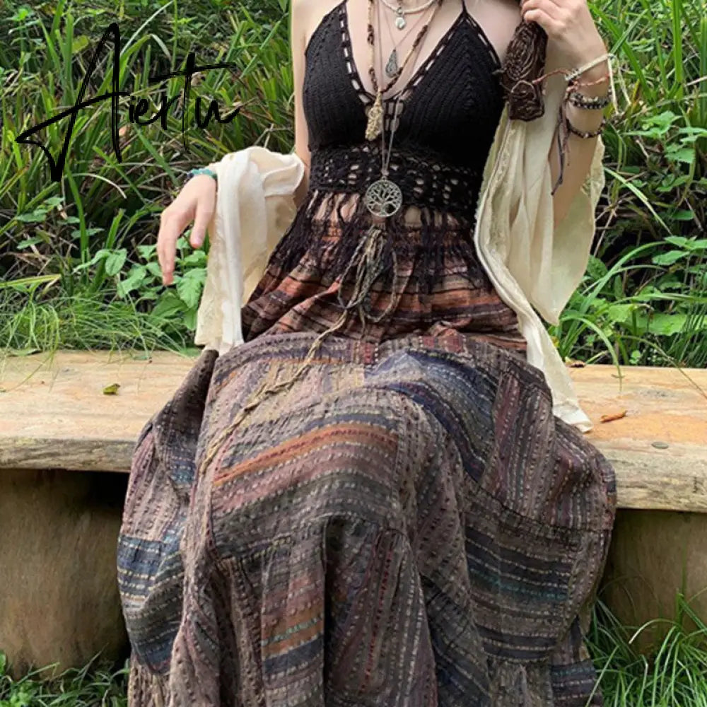 Aiertu Vintage Lace Up Bow Floral Long Skirts Green Y2k High-Waisted Loose Mid-Calf Pleated Skirt Harajuku Grunge Fairy Women Clothing Aiertu