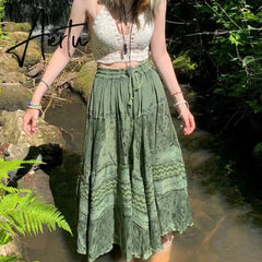 Aiertu Vintage Lace Up Bow Floral Long Skirts Green Y2k High-Waisted Loose Mid-Calf Pleated Skirt Harajuku Grunge Fairy Women Clothing Aiertu