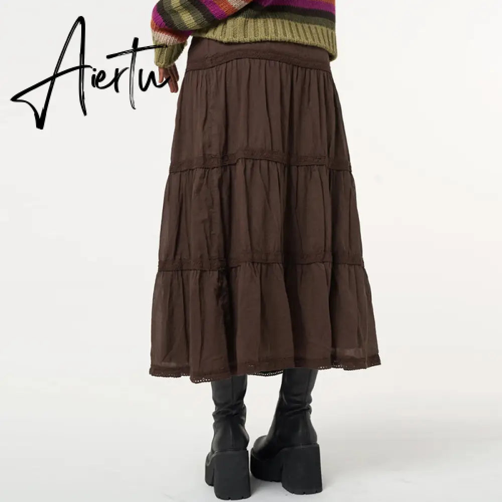 Aiertu Vintage Lace Up Bow Floral Long Skirts Green Y2k High-Waisted Loose Mid-Calf Pleated Skirt Harajuku Grunge Fairy Women Clothing Aiertu