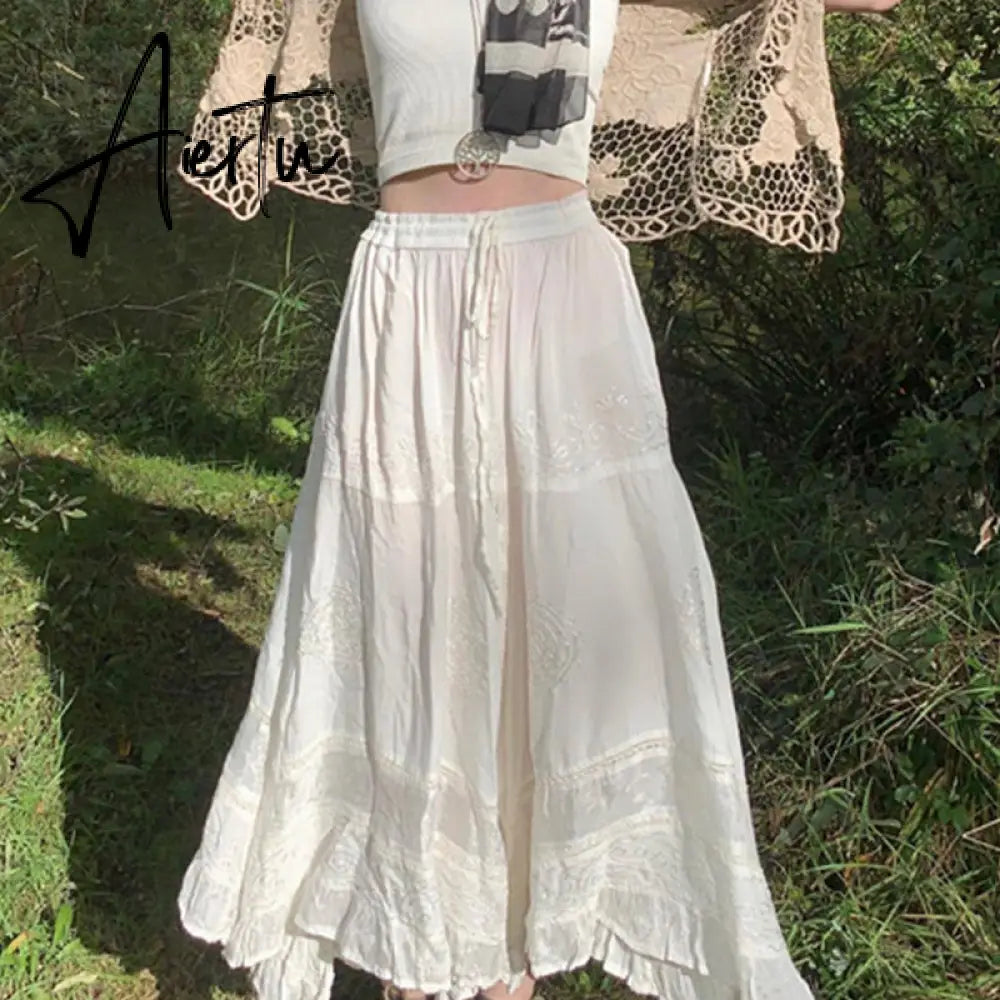 Aiertu Vintage Lace Up Bow Floral Long Skirts Green Y2k High-Waisted Loose Mid-Calf Pleated Skirt Harajuku Grunge Fairy Women Clothing Aiertu