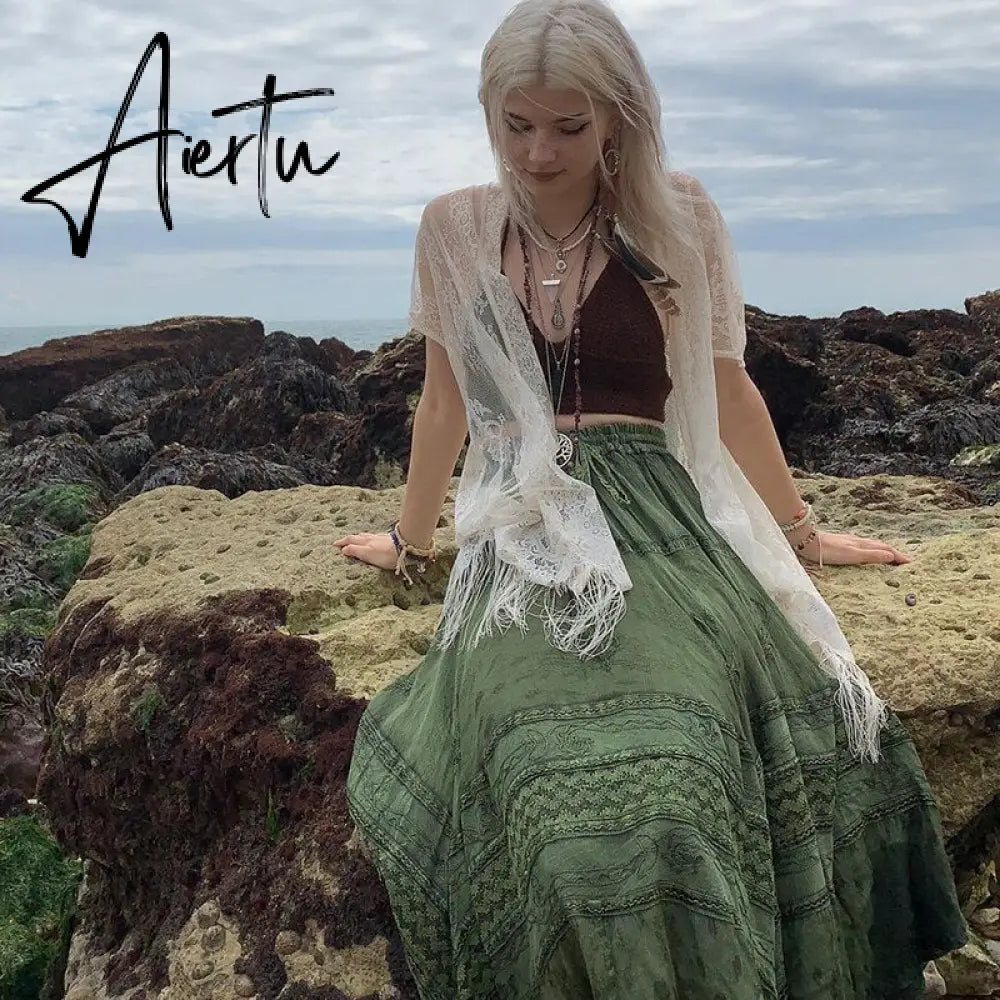 Aiertu Vintage Lace Up Bow Floral Long Skirts Green Y2k High-Waisted Loose Mid-Calf Pleated Skirt Harajuku Grunge Fairy Women Clothing Aiertu
