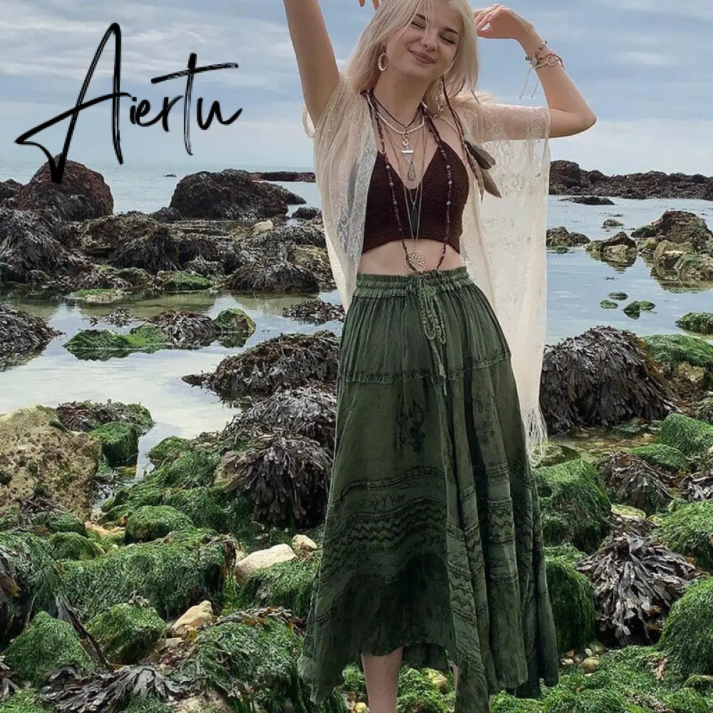 Aiertu Vintage Lace Up Bow Floral Long Skirts Green Y2k High-Waisted Loose Mid-Calf Pleated Skirt Harajuku Grunge Fairy Women Clothing Aiertu