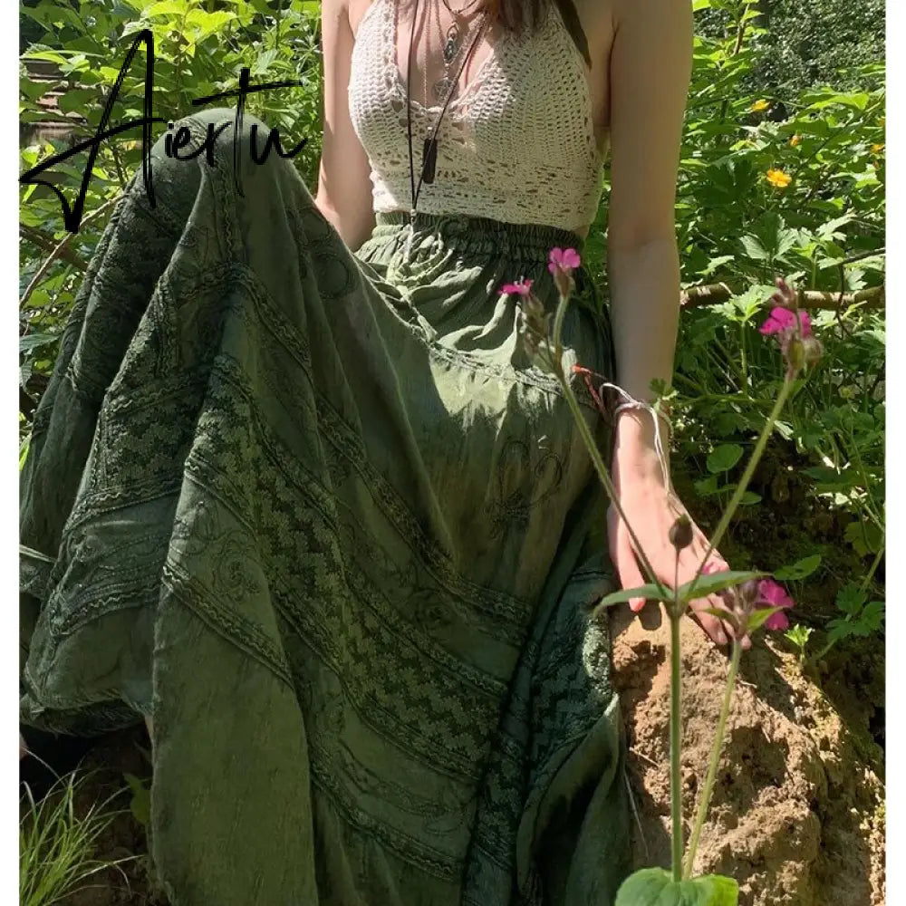 Aiertu Vintage Lace Up Bow Floral Long Skirts Green Y2k High-Waisted Loose Mid-Calf Pleated Skirt Harajuku Grunge Fairy Women Clothing Aiertu