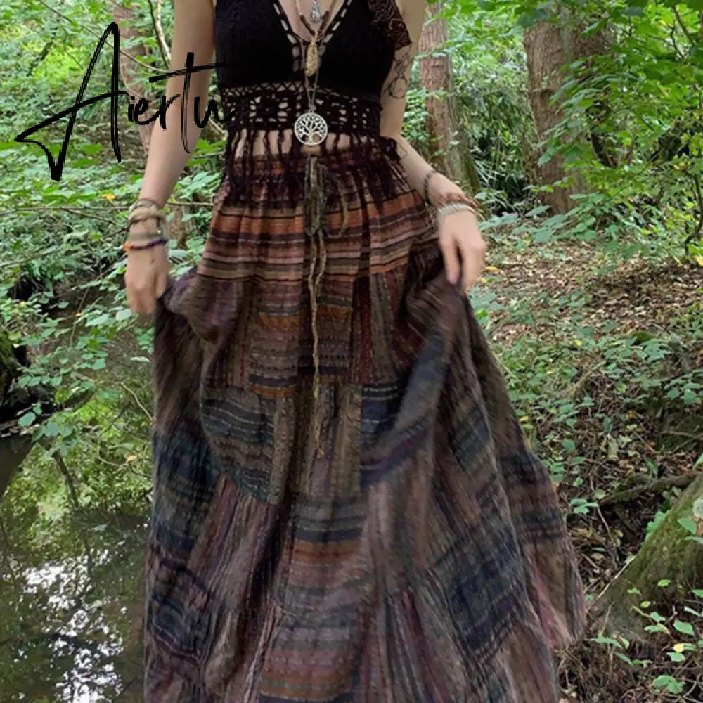 Aiertu Vintage Lace Up Bow Floral Long Skirts Green Y2k High-Waisted Loose Mid-Calf Pleated Skirt Harajuku Grunge Fairy Women Clothing Aiertu