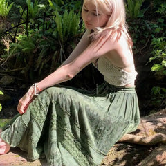 Aiertu Vintage Lace Up Bow Floral Long Skirts Green Y2k High-Waisted Loose Mid-Calf Pleated Skirt Harajuku Grunge Fairy Women Clothing Aiertu