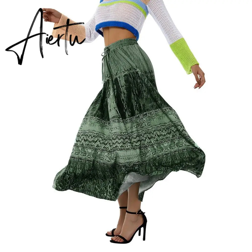 Aiertu Vintage Lace Up Bow Floral Long Skirts Green Y2k High-Waisted Loose Mid-Calf Pleated Skirt Harajuku Grunge Fairy Women Clothing Aiertu