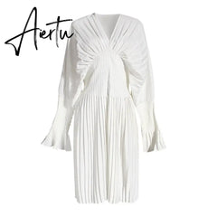 Aiertu Vintage Pleated Dress Women Flare Long Sleeve V Neck Dresses Female Fashion Clothes Spring Summer New Aiertu