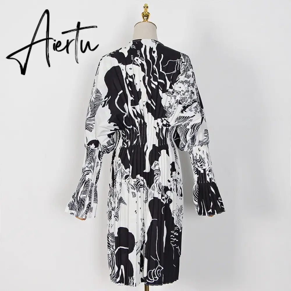 Aiertu Vintage Pleated Dress Women Flare Long Sleeve V Neck Dresses Female Fashion Clothes Spring Summer New Aiertu