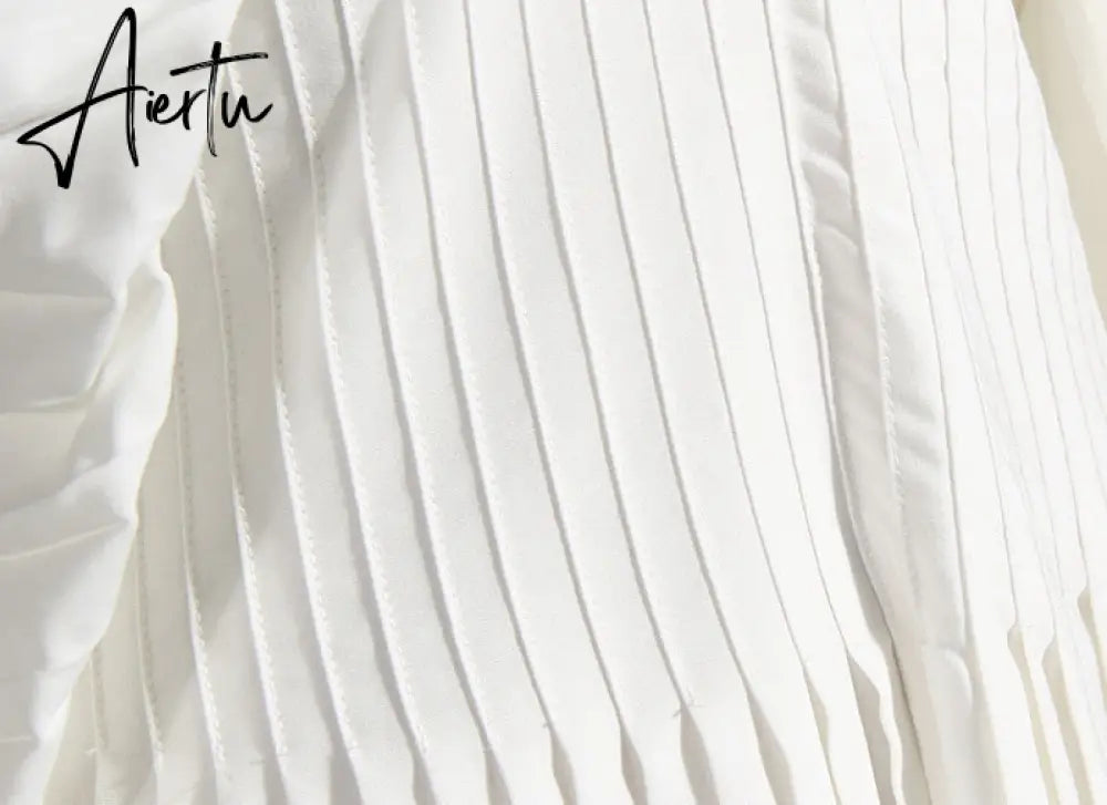 Aiertu Vintage Pleated Dress Women Flare Long Sleeve V Neck Dresses Female Fashion Clothes Spring Summer New Aiertu