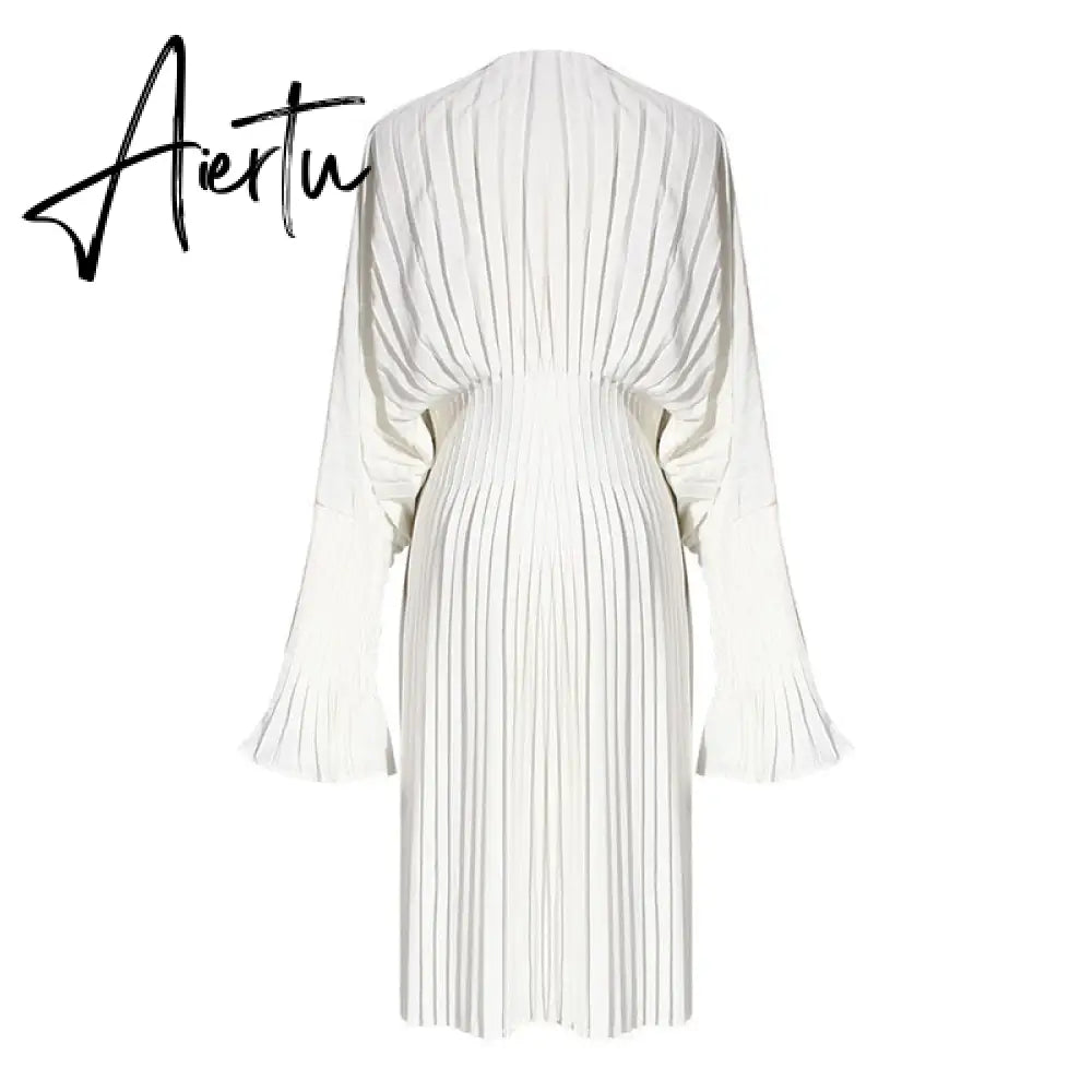 Aiertu Vintage Pleated Dress Women Flare Long Sleeve V Neck Dresses Female Fashion Clothes Spring Summer New Aiertu