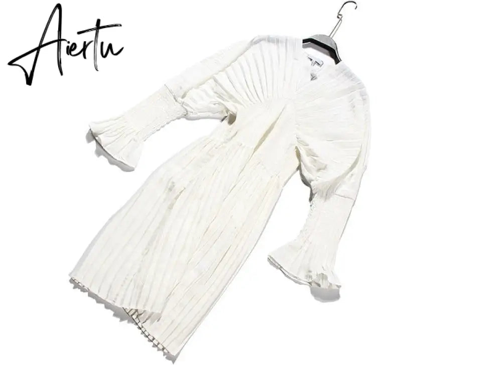 Aiertu Vintage Pleated Dress Women Flare Long Sleeve V Neck Dresses Female Fashion Clothes Spring Summer New Aiertu