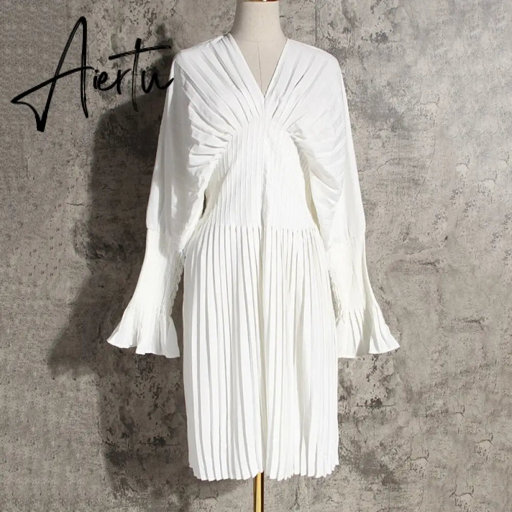 Aiertu Vintage Pleated Dress Women Flare Long Sleeve V Neck Dresses Female Fashion Clothes Spring Summer New Aiertu