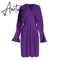 Aiertu Vintage Pleated Dress Women Flare Long Sleeve V Neck Dresses Female Fashion Clothes Spring Summer New Aiertu