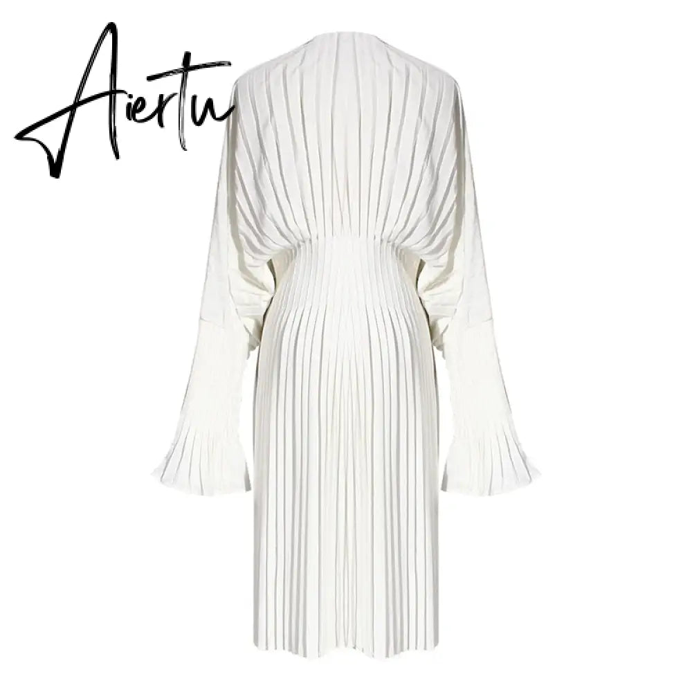Aiertu Vintage Pleated Dress Women Flare Long Sleeve V Neck Dresses Female Fashion Clothes Spring Summer New Aiertu