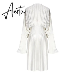 Aiertu Vintage Pleated Dress Women Flare Long Sleeve V Neck Dresses Female Fashion Clothes Spring Summer New Aiertu