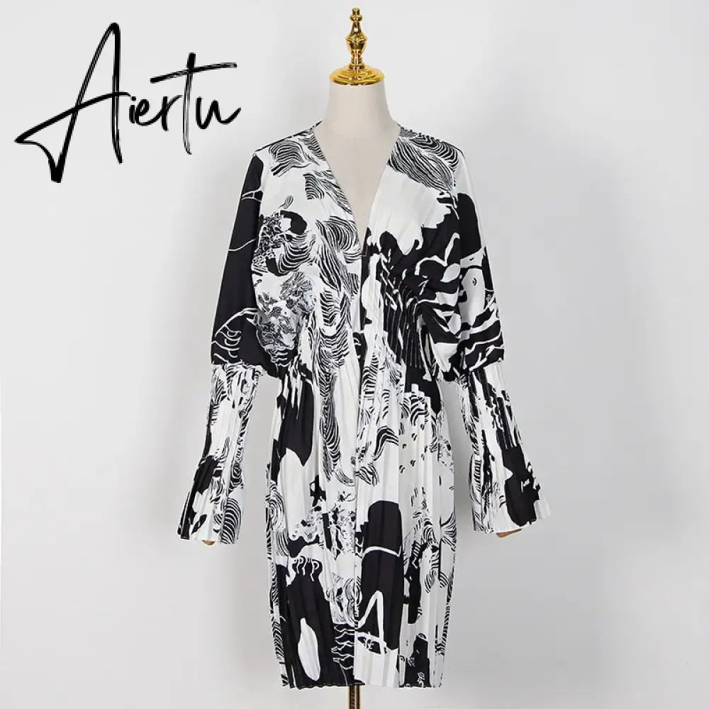 Aiertu Vintage Pleated Dress Women Flare Long Sleeve V Neck Dresses Female Fashion Clothes Spring Summer New Aiertu