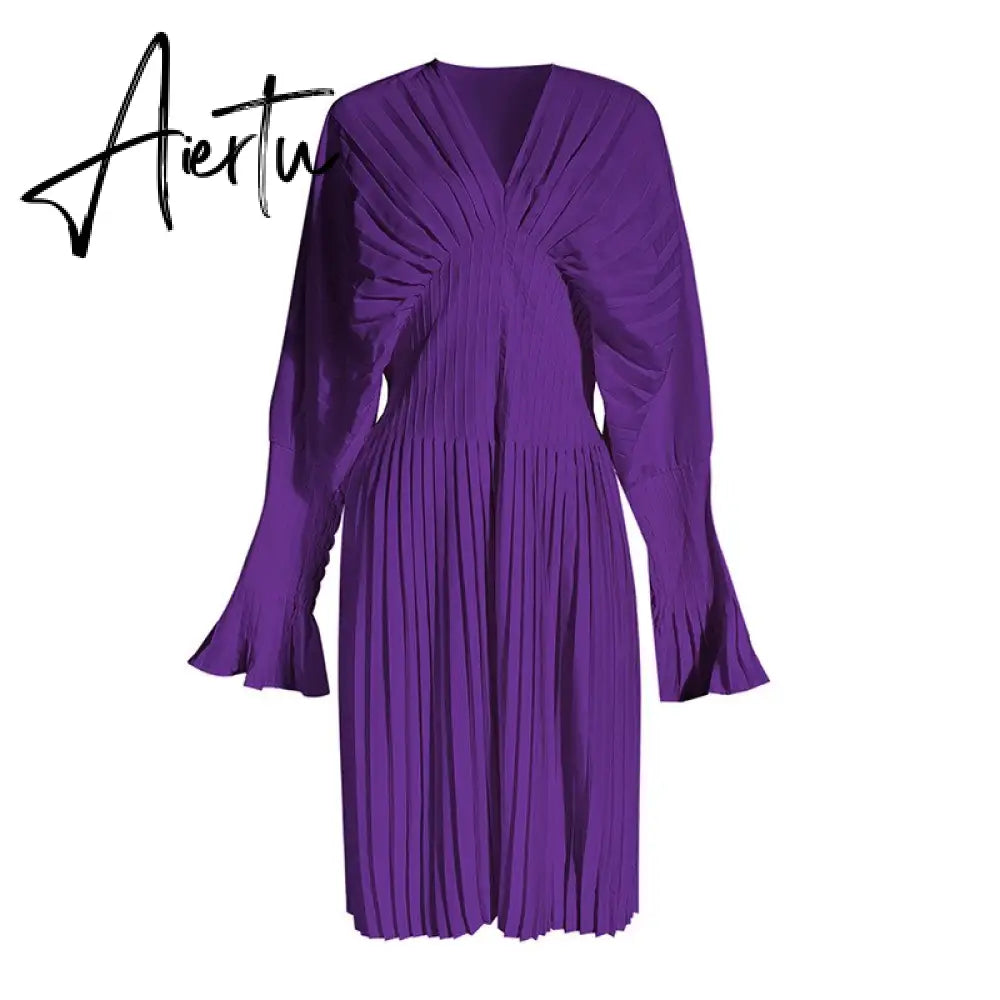 Aiertu Vintage Pleated Dress Women Flare Long Sleeve V Neck Dresses Female Fashion Clothes Spring Summer New Aiertu