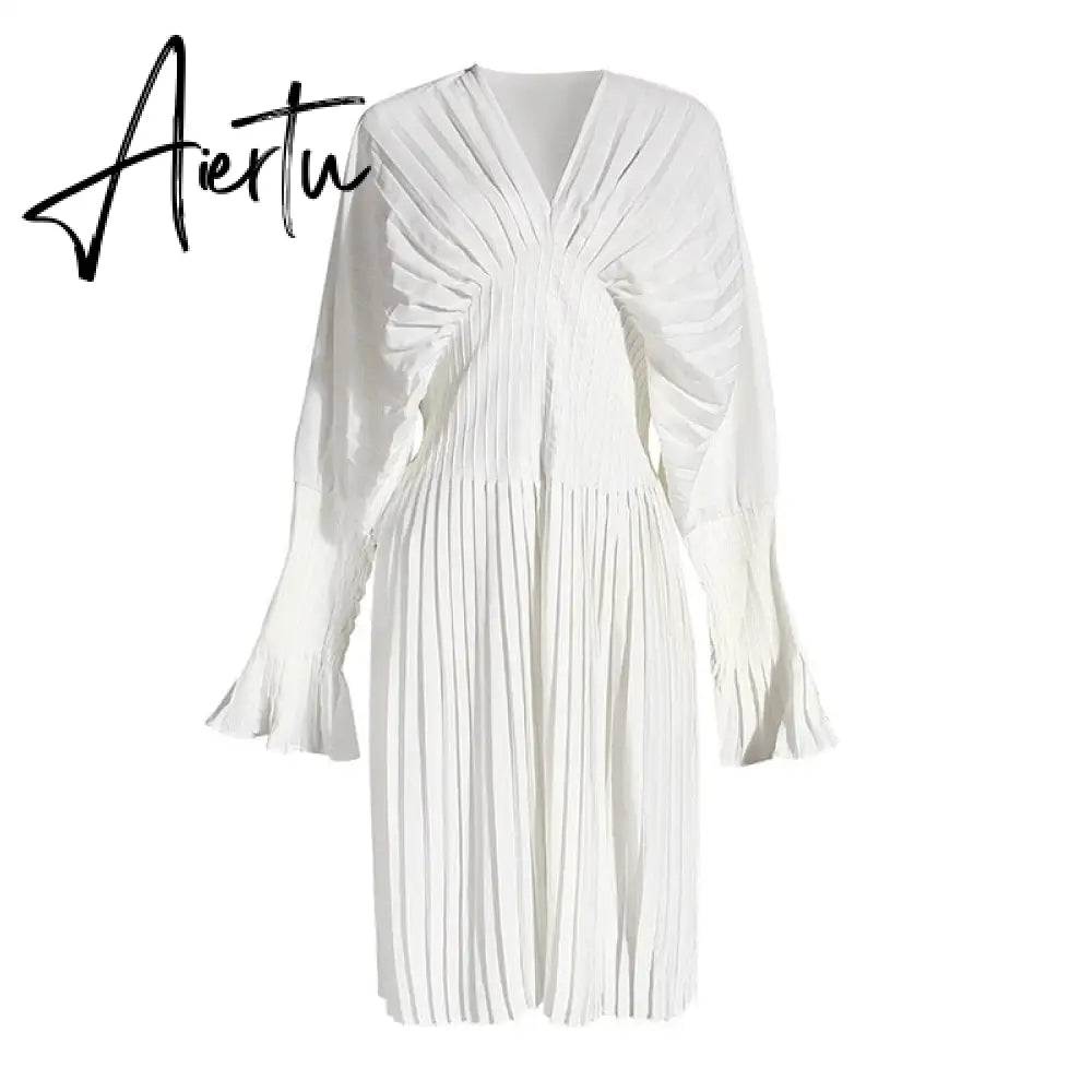Aiertu Vintage Pleated Dress Women Flare Long Sleeve V Neck Dresses Female Fashion Clothes Spring Summer New Aiertu