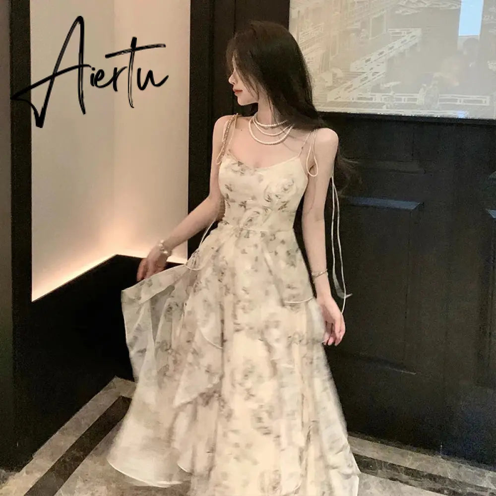 Aiertu Vintage Shivering Print Dress for Women Sling Sleeveless Slim Flounce Chiffon Casual Korean Long Dresses Female Clothing Summer Aiertu
