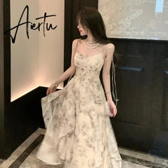 Aiertu Vintage Shivering Print Dress for Women Sling Sleeveless Slim Flounce Chiffon Casual Korean Long Dresses Female Clothing Summer Aiertu
